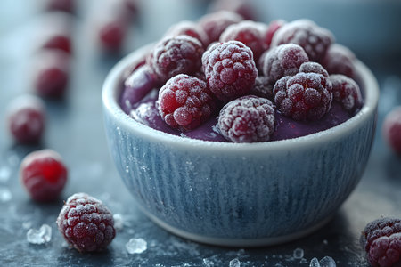 A visually appealing blue ceramic bowl filled with a smooth, creamy dessert topped with frosted red berries. the contrast of textures and colors creates a sophisticated ambiance, ideal for culinary presentations or menu artwork. Generative AIの素材