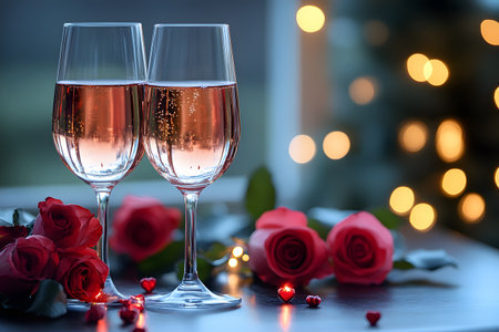 Two elegant glasses of rose wine set against a backdrop of soft, warm bokeh lighting create a romantic atmosphere. red roses and small heart-shaped decorations enhance the festive, intimate setting. Generative AIの素材