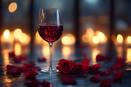 A captivating scene with a glass of red wine surrounded by red rose petals on a reflective surface, set against the soft glow of candlelight. ideal for themes of romance, celebration, or intimate gatherings. Generative AIの素材