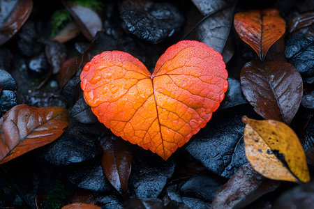 A vivid orange, heart-shaped leaf stands out amidst dark, wet foliage, the contrast between vibrant autumn hues and the somber tones of a rainy day. the scene beauty and transience of nature's seasonal transition. Generative AIの素材
