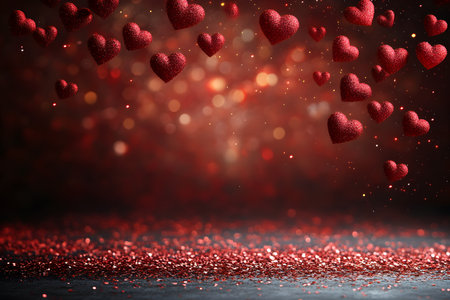 Glittering red hearts float gracefully above a sparkling surface, set against a blurred red backdrop. ideal for romantic or valentine-themed designs, the shimmering atmosphere evokes warmth and love. Generative AIの素材