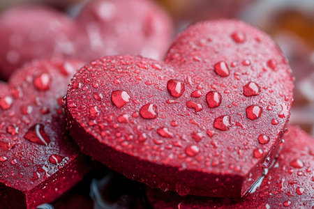 Close-up photo of vibrant red heart-shaped chocolates adorned with water droplets. the shiny surface enhances their appeal, perfect for valentine's day themes or romantic occasions. Generative AIの素材