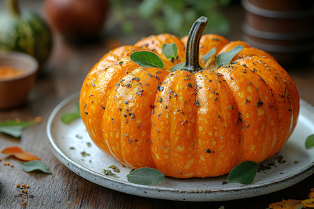 Festive autumn scene featuring a bright orange pumpkin adorned with fresh herbs. perfect for celebrating thanksgiving, this rustic setting highlights seasonal produce and culinary traditions for holiday feasts. Generative AIの素材