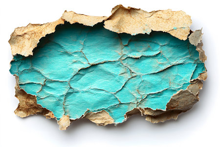 A textured artwork showcasing layers of aged paper revealing a vibrant turquoise surface. the cracked patterns and distressed edges provide a unique vintage aesthetic, perfect for art enthusiasts and design projects. Generative AIの素材