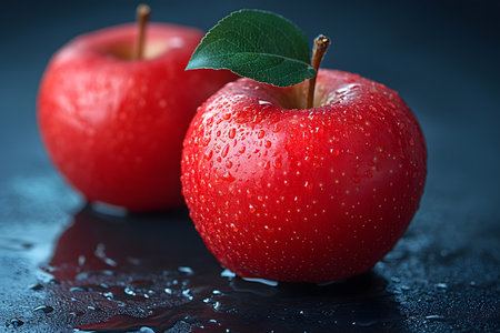 Fresh red apples with water droplets are placed on a dark, reflective surface. the vivid colors and droplets highlight freshness, making it perfect for health, nutrition, and food-related concepts. Generative AIの素材
