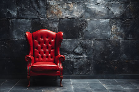 A vintage red leather armchair with elegant tufted upholstery rests against a dark stone wall. the contrasting textures highlight the chair's opulence, offering a striking accent for contemporary interior design. Generative AIの素材
