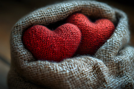 Two knitted red hearts rest snugly within a textured burlap wrap, creating a warm and cozy ambiance. perfect for valentine's day themes, love, and handmade gift ideas, symbolizing warmth and affection. Generative AIの素材