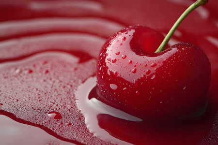 A close-up of a heart-shaped cherry glistening with water droplets, resting on a glossy red surface. the ripples and shine enhance the fresh, vibrant appeal, ideal for romantic or culinary visuals. Generative AIの素材