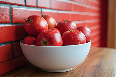 A white bowl filled with shiny red apples is placed on a wooden surface, set against a vivid red brick wall, offering a striking color contrast and a rustic yet modern aesthetic. Generative AIの素材