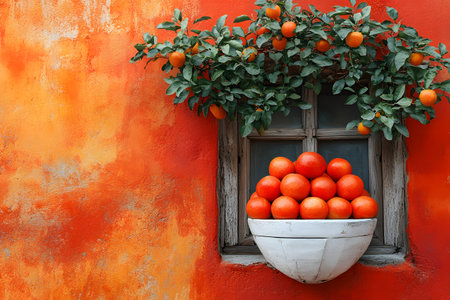 Vibrant orange wall sets a warm backdrop for a rustic window adorned with freshly picked oranges and lush green foliage, evoking a mediterranean atmosphere perfect for wall art or home decor. Generative AIの素材