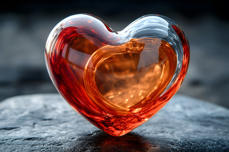 A beautifully crafted heart-shaped glass sculpture showcasing vibrant red and amber swirls. the intricate patterns and translucent texture make it a striking decorative piece, ideal for artistic and romantic settings. Generative AIの素材