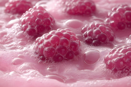 Close-up of juicy raspberries floating in a fizzy pink liquid, freshness and effervescence. perfect for summer refreshments, beverage designs, and fruit-themed culinary projects. Generative AIの素材