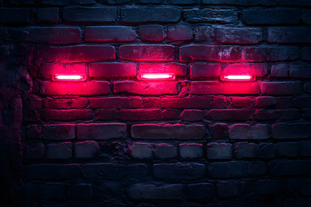 Three vibrant neon lights illuminate a dark brick wall, creating a striking contrast. the glowing red hues set a modern, industrial tone perfect for urban-themed designs or digital art backdrops. Generative AIの素材