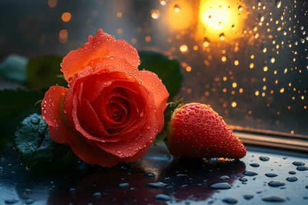 Close-up of a dewy red rose and a ripe strawberry on a reflective surface, with a rain-speckled window and warm evening light in the background. the scene evokes romance and tranquility. Generative AIの素材