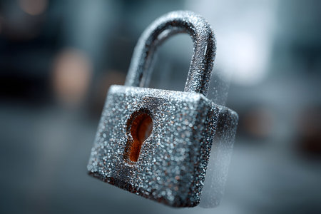 A close-up image of a sparkling padlock, symbolizing security, privacy, and protection. the shimmering surface creates a sense of elegance and strength, often used in design for cybersecurity or privacy-themed projects. Generative AIの素材