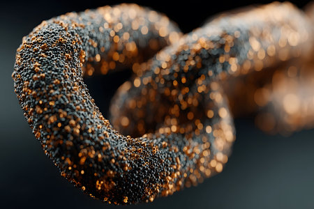 Detailed close-up of a metallic chain, adorned with shimmering gold particles, against a dark background. the image highlights texture and contrast, suitable for industrial, technology, or abstract design projects. Generative AIの素材