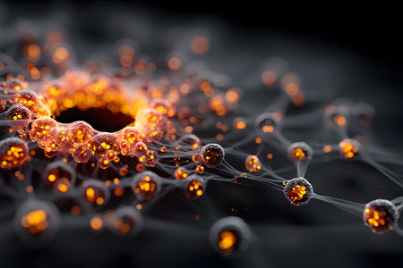 A visually striking depiction of an abstract molecular structure with a glowing orange illumination. the interconnected network of nodes and strands suggests concepts of connectivity, technology, and science, set against a dark background for dramatic contrast. Generative AIの素材