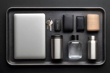Elegantly arranged travel essentials on a sleek tray featuring a laptop, keys, wallets, wooden box, and various bottles. the minimalist setup showcases a balanced blend of functionality and style, ideal for modern travel. Generative AIの素材