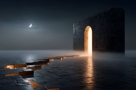 A surreal night scene features a luminous portal within a large, dark structure on a misty landscape. the moon casts a subtle glow, enhancing the mysterious and otherworldly atmosphere, ideal for fantasy or sci-fi themes. Generative AIの素材