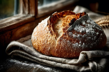 Freshly baked artisan bread rests on a linen cloth beside a wooden window, showcasing its golden crust and rustic texture. the cozy setting and natural light highlight the simple beauty of homestyle baking. Generative AIの素材