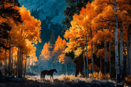 A solitary horse stands gracefully among vibrant autumn trees in a serene forest setting. the brilliant orange and yellow foliage contrasts with the deep blues of the background, creating a tranquil, picturesque scene ideal for nature-themed artwork. Generative AIの素材