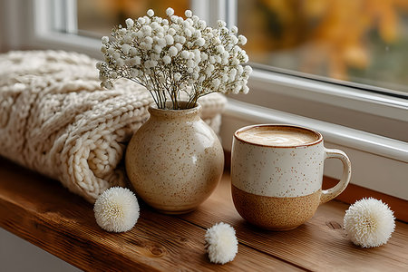Warm and inviting scene featuring a speckled ceramic mug of coffee, a vase of delicate white flowers, and a knitted blanket, set against a window with a soft autumnal backdrop. perfect for cozy home decor inspiration. Generative AIの素材