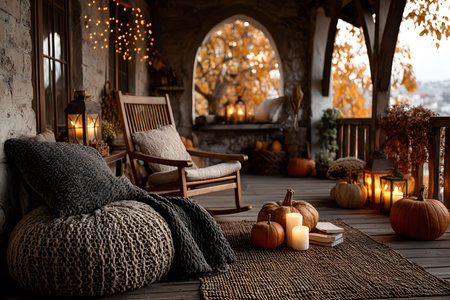 A rustic porch adorned with warm autumn decor, featuring pumpkins, lit lanterns, and cushions. the cozy setup includes a rocking chair and knitted blankets, set against a stone wall with colorful fall foliage in the background. Generative AIの素材