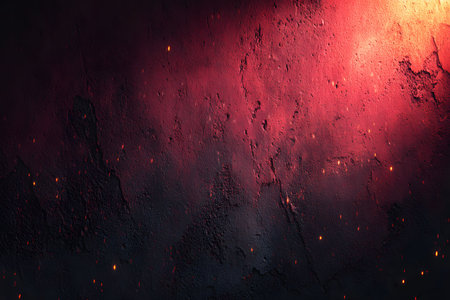 A vibrant abstract background featuring a textured red and black grunge surface with scattered glowing particles. ideal for use in creative designs, digital art, and visual projects requiring dramatic contrast. Generative AIの素材