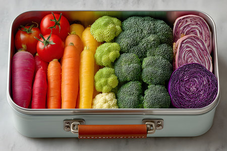 Fresh vegetables, including tomatoes, carrots, broccoli, cauliflower, radishes, and red cabbage, neatly arranged in a metal lunchbox. this vibrant display promotes healthy eating and meal preparation with visually appealing colors. Generative AIの素材