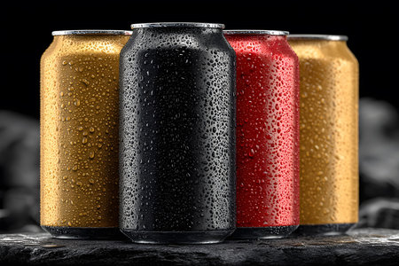 Four beverage cans, in gold, black, and red, stand with droplets of condensation their refreshing appeal. set against a dramatic background, the image conveys coolness and thirst-quenching satisfaction, perfect for advertising. Generative AIの素材