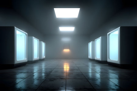 A sleek, futuristic room featuring multiple illuminated refrigerators with a neon blue glow. the reflective floor enhances the high-tech ambiance, while a central overhead light adds depth to the composition. Generative AIの素材
