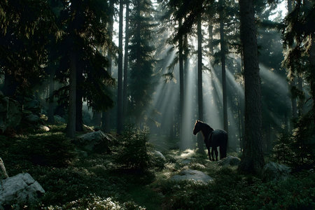 A horse stands gracefully in a dense, sunlit forest with rays piercing through the tall trees, creating a mystical atmosphere. the serene setting encapsulates the tranquility and majesty of nature, ideal for enchanting design themes. Generative AIの素材