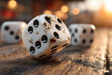 Rustic dice with visible wear and patina rest on a wooden table, bathed in soft evening light. the warm bokeh background suggests a cozy, relaxed setting, embodying themes of luck, chance, and nostalgic gaming experiences. Generative AIの素材