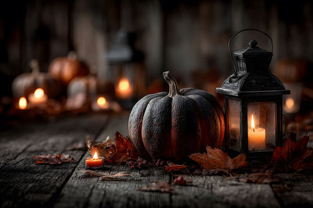 A rustic autumn setting featuring a weathered wooden table adorned with pumpkins and a vintage lantern casting a warm glow. fallen leaves enhance the seasonal ambiance, perfect for halloween or autumn-themed decorations. Generative AIの素材