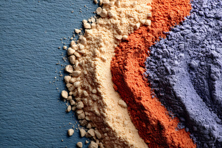 Vibrant powders of beige, orange, and purple are arranged on a textured surface, creating an artistic contrast. ideal for creative backgrounds, design concepts, or presentations emphasizing color and texture. Generative AIの素材
