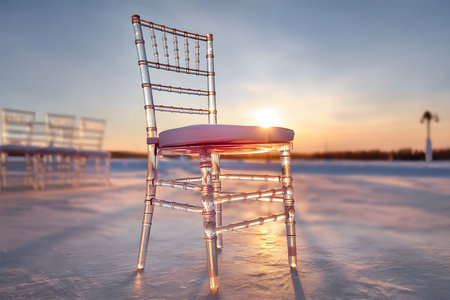 Elegant transparent chair in a serene winter setting. sunlight casts warm, golden reflections on the chair, its design. snowy background enhances the tranquil ambiance, creating a perfect blend of nature and artistry. Generative AIの素材