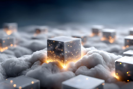 A futuristic scene featuring metallic cubes emerging from a mesmerizing cloudscape, illuminated by soft glowing lights. the juxtaposition of sharp edges and fluffy clouds creates an enchanting, ethereal atmosphere suitable for creative design projects. Generative AIの素材