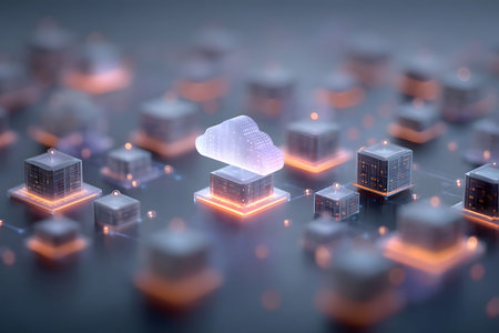 A futuristic representation of cloud computing is depicted with a glowing cloud surrounded by illuminated data nodes on a network grid, symbolizing digital connectivity, it solutions, and advanced data management. Generative AIの素材