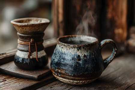 Rustic ceramic mugs filled with steaming hot coffee are set beside a wooden window, creating a warm and inviting atmosphere. the cozy scene features earthy tones and detailed textures, perfect for conveying relaxation and simplicity. Generative AIの素材