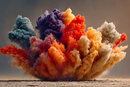 Vibrant clouds of colored powder burst outward in a dynamic explosion, showcasing a spectrum of colors including blue, purple, red, orange, and beige against a neutral background, creating a vivid visual spectacle. Generative AIの素材