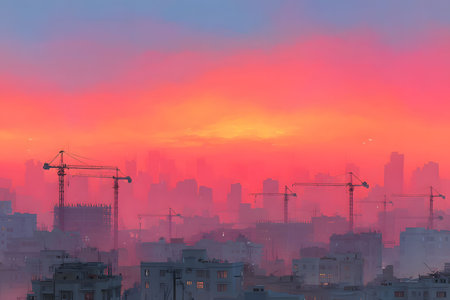 A vibrant sunrise illuminates city buildings and construction cranes, casting a captivating silhouette against a colorful sky. the scene juxtaposes nature's beauty with urban development, ideal for architectural and cityscape themes. Generative AIの素材