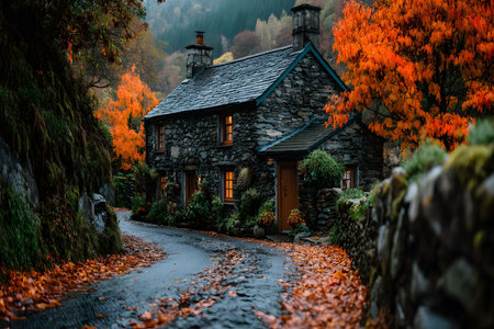 Charming stone cottage nestled in a picturesque autumn landscape, surrounded by vivid orange and red foliage. a winding cobblestone path leads to the warm glow of the cottage lights, offering a serene escape in the heart of nature. Generative AIの素材
