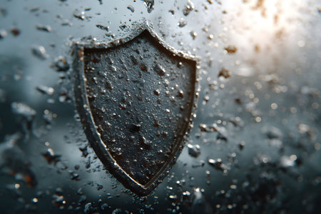 A close-up of a metallic shield symbol on a rain-soaked surface. droplets add texture, emphasizing themes of protection and security under challenging conditions. captures the essence of safety and resilience in a modern context. Generative AIの素材