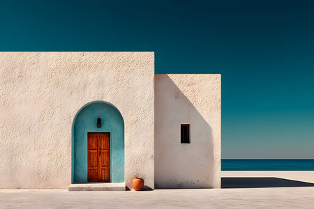 Minimalist mediterranean architecture showcases a rustic wooden door set in a white stucco building. the clear blue sky and calm sea enhance the tranquil coastal setting, while a solitary clay pot adds artistic contrast. Generative AIの素材