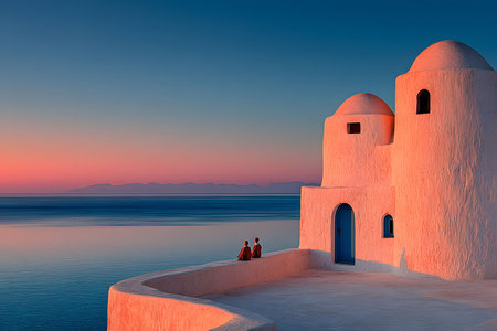 Stunning mediterranean architecture glows in the soft hues of a coastal sunset. two figures sit quietly, enjoying the tranquil view over calm waters. ideal for travel-themed prints or serene wall art. Generative AIの素材