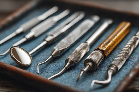 Vintage dental tools laid out on a textured surface, showcasing intricate metalwork and craftsmanship. ideal for historical education, dental history, or antique collection themes, reflecting the evolution of dentistry. Generative AIの素材