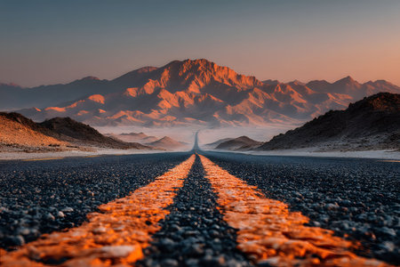 A long, straight desert highway stretches towards a distant mountain range under a warm sunset glow. the road's textured surface and vibrant orange tones emphasize the vastness and tranquility of the remote landscape. Generative AIの素材
