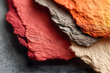 Close-up of stacked handmade paper showcasing a variety of vibrant, textured sheets in warm hues. perfect for artistic inspiration, crafts, and design projects, the tactile surface highlights the intricacy of artisanal craftsmanship. Generative AIの素材
