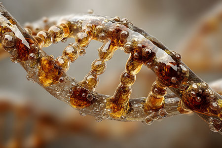Close-up view of an abstract molecular structure featuring amber-colored bubbles. the intricate design and dynamic forms convey concepts of science, innovation, and biotechnology, ideal for educational or scientific presentations. Generative AIの素材