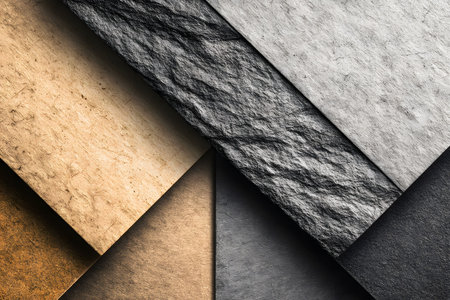Abstract composition featuring intersecting layers of textured surfaces, combining rough stone and coarse paper in geometric patterns. this design harmonizes natural and industrial aesthetics, ideal for creative and modern artistic projects. Generative AIの素材